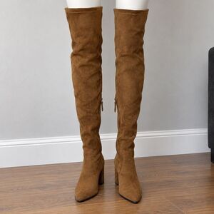 Goodnight Macaroon Marlo Tan Suede Over The Knee Boots Block Heel Size 7.5 NWOT